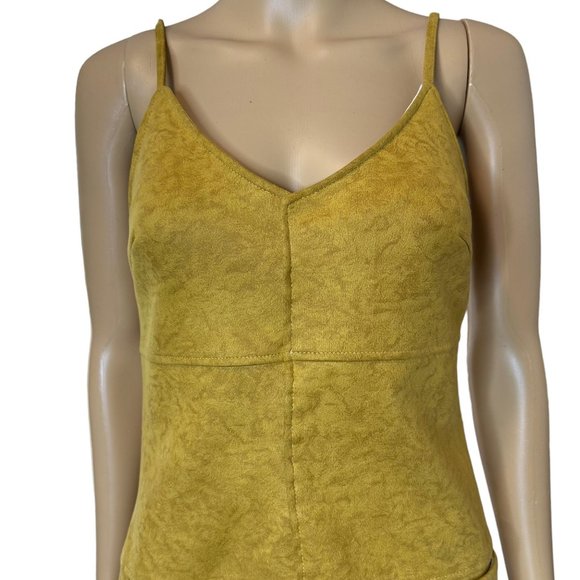 QA Shift Mini Dress Small S Yellow Sleeveless Pockets Velvet Stretch Slit Front - Picture 4 of 12